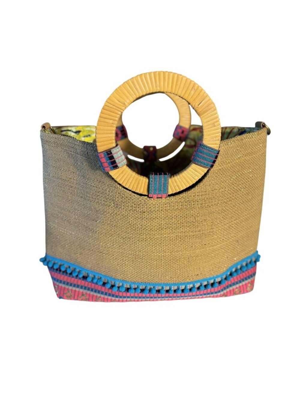 Woven Tote With Beaded Pineapple Wooden Circular Handles Colorful Fabric Lining - Picture 2 of 16